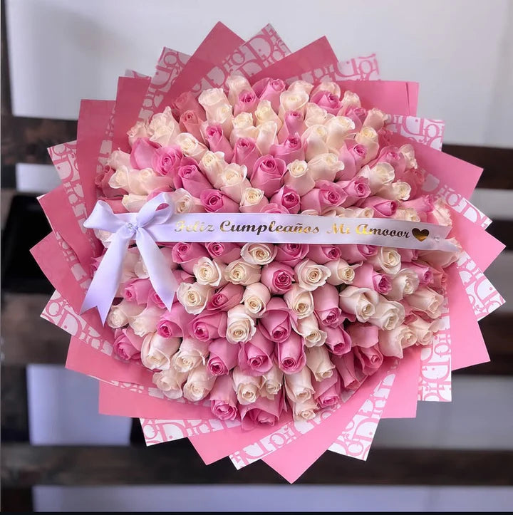 100 Pink And White Roses on Pink Dior Wrapping