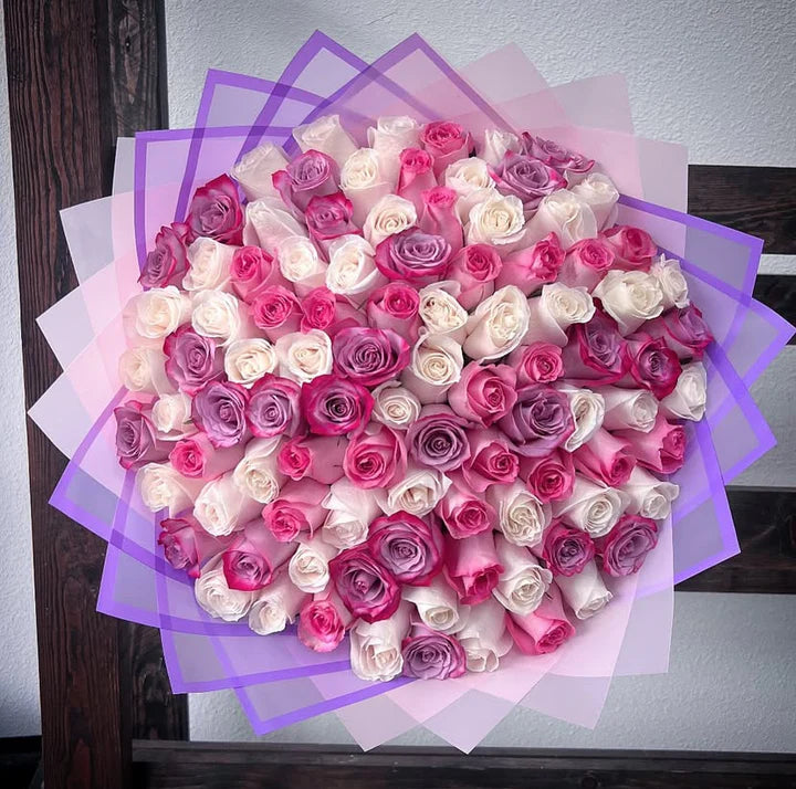 100 Pink/White/Purple Roses on Pink Transparent Wrapping