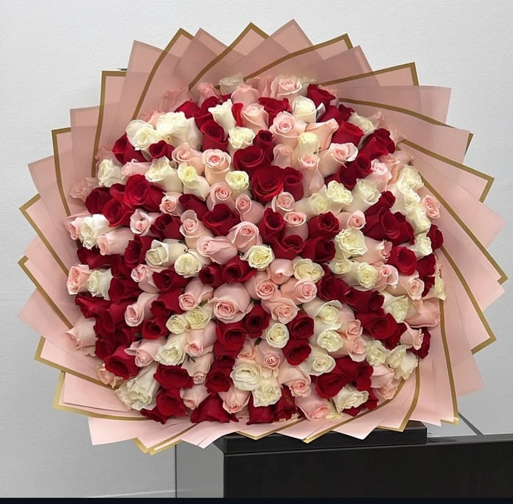 100 White/Pink/Red Roses on Pink Transparent Wrapping