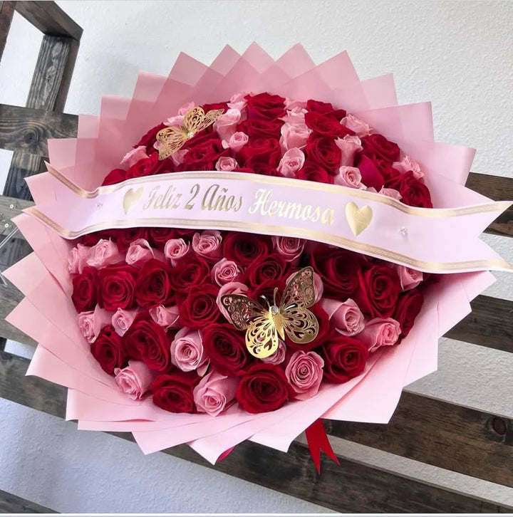 100 Pink and Red  Roses on Pink Transparent Wrapping