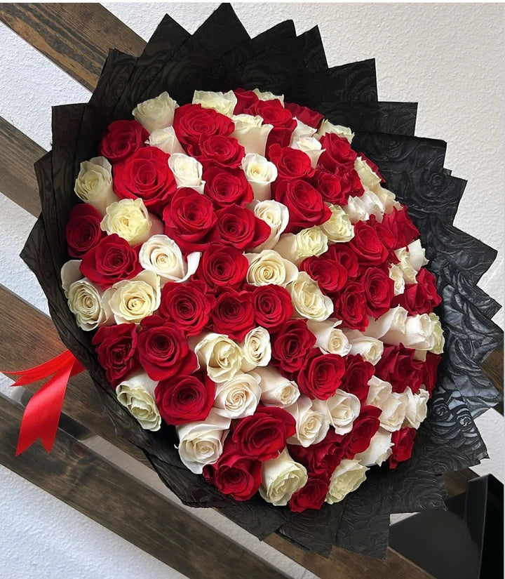 100 White and Red Roses on Black Wrapping