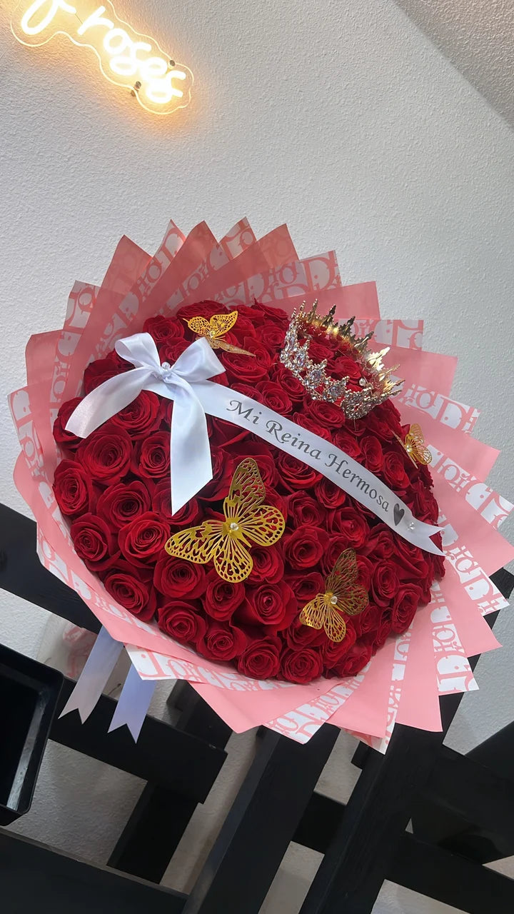 100 Red Roses on Pink Dir Wrapping