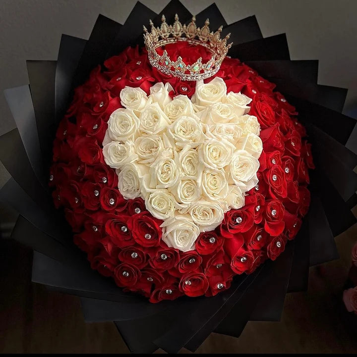 100 Red Rose White Heart on Black Wrapping