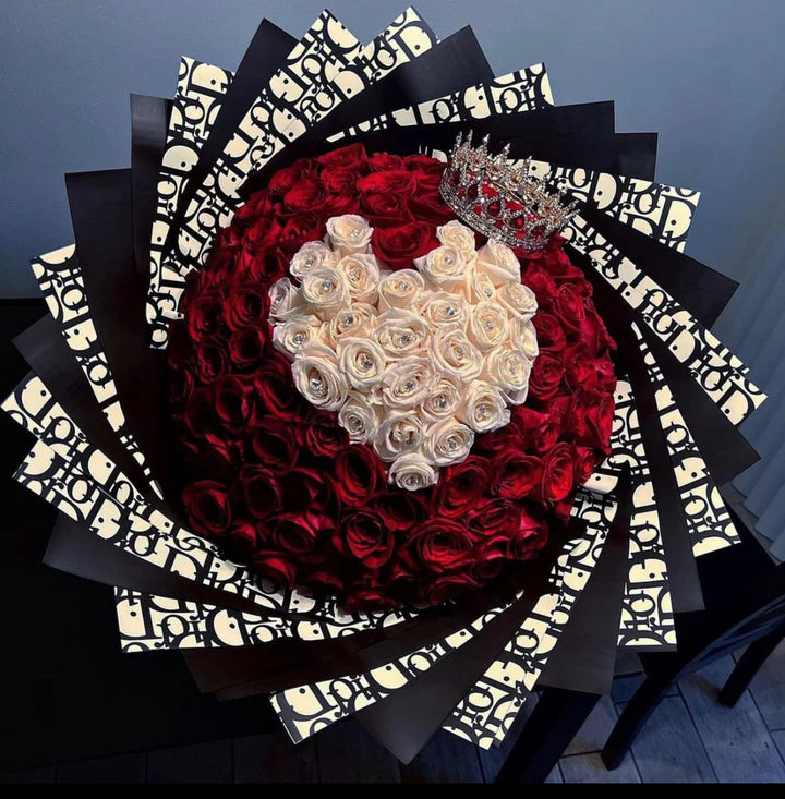 100 Red Roses White Heart on Black Dir