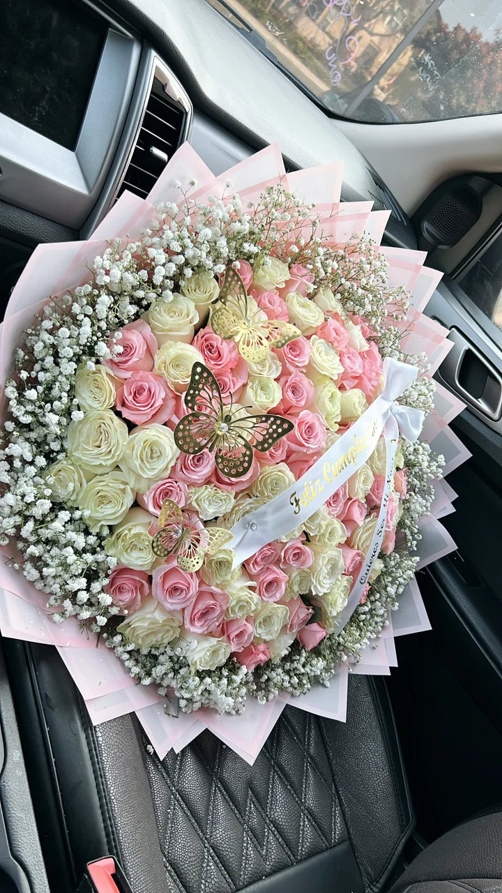 100 Pink And White Roses Baby Breath on Pink Transparent Wrappin