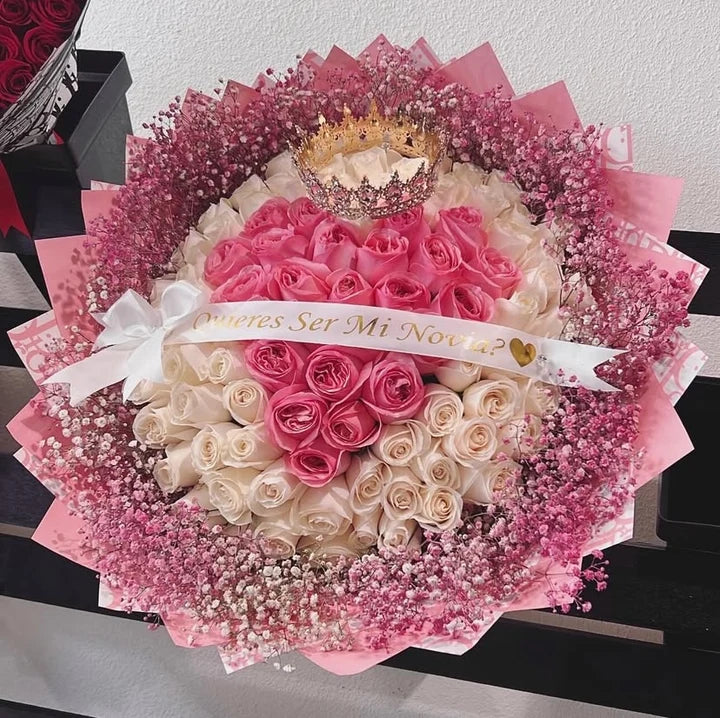100 White Roses Pink Heart  Baby Breath on Pink Dir Wrapping