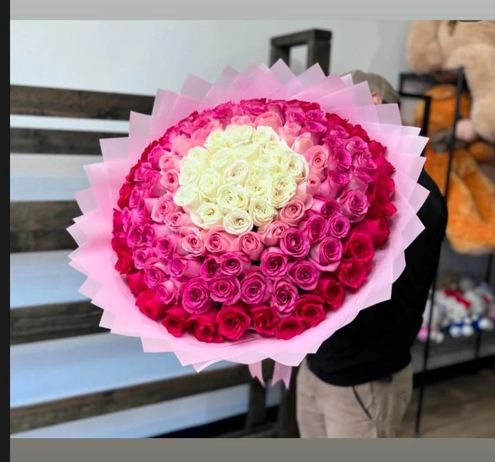 150 White/Pink/Hot Pink/Red Roses on Pink Transparent Wrapping