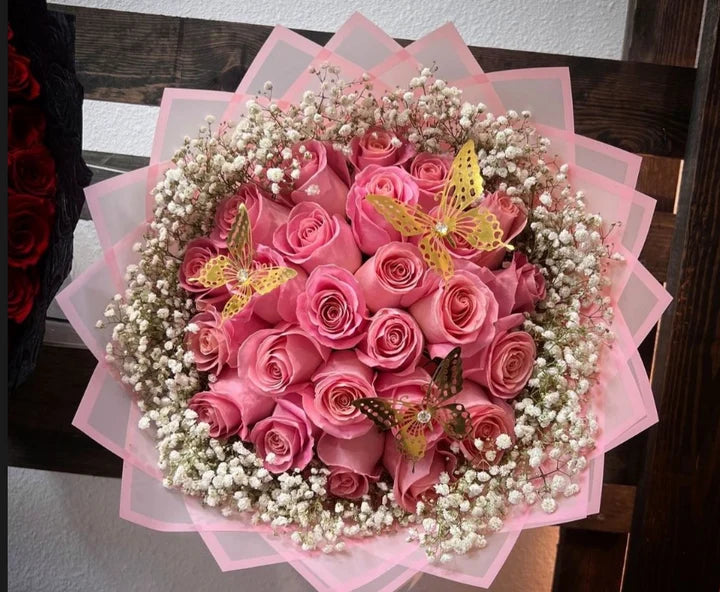 25 Pink Roses with Baby Breath Pink Transparent Wrapping