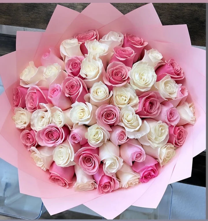 50 Pink and White Roses Pink Transparent Wrapping