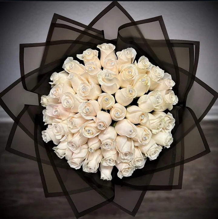50 White Roses Black Transparent Wrapping