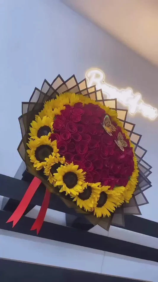 75 Red Roses Sunflowers Around Black Wrapping