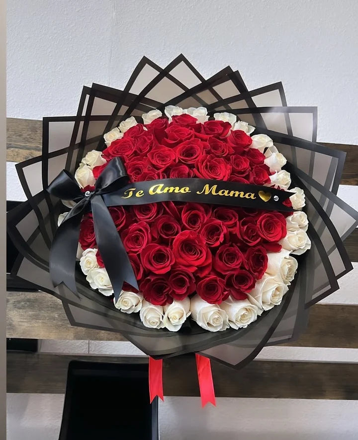 75 Red Roses White ring Black Transparent Wrapping